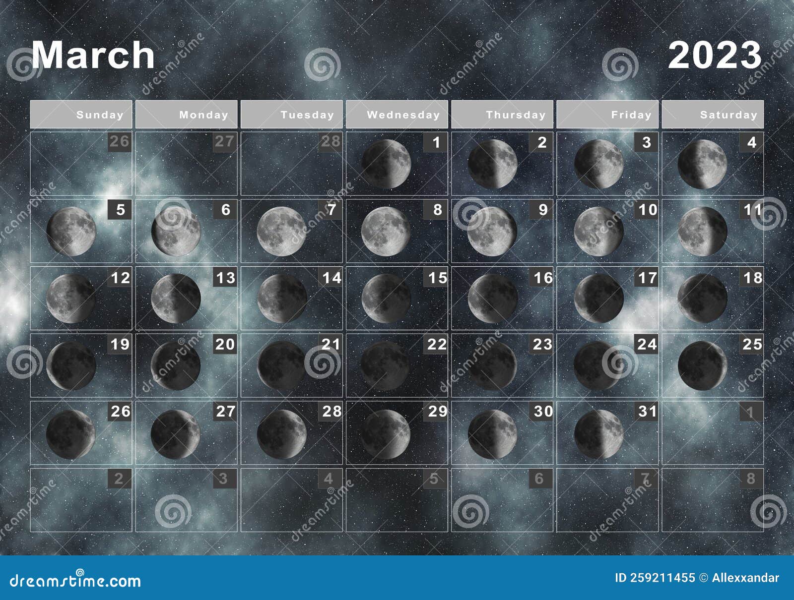 March 2023 Lunar Calendar Moon Cycles Stock Illustration March 2023 Lunar Calendar Moon Cycles Stock Illustration