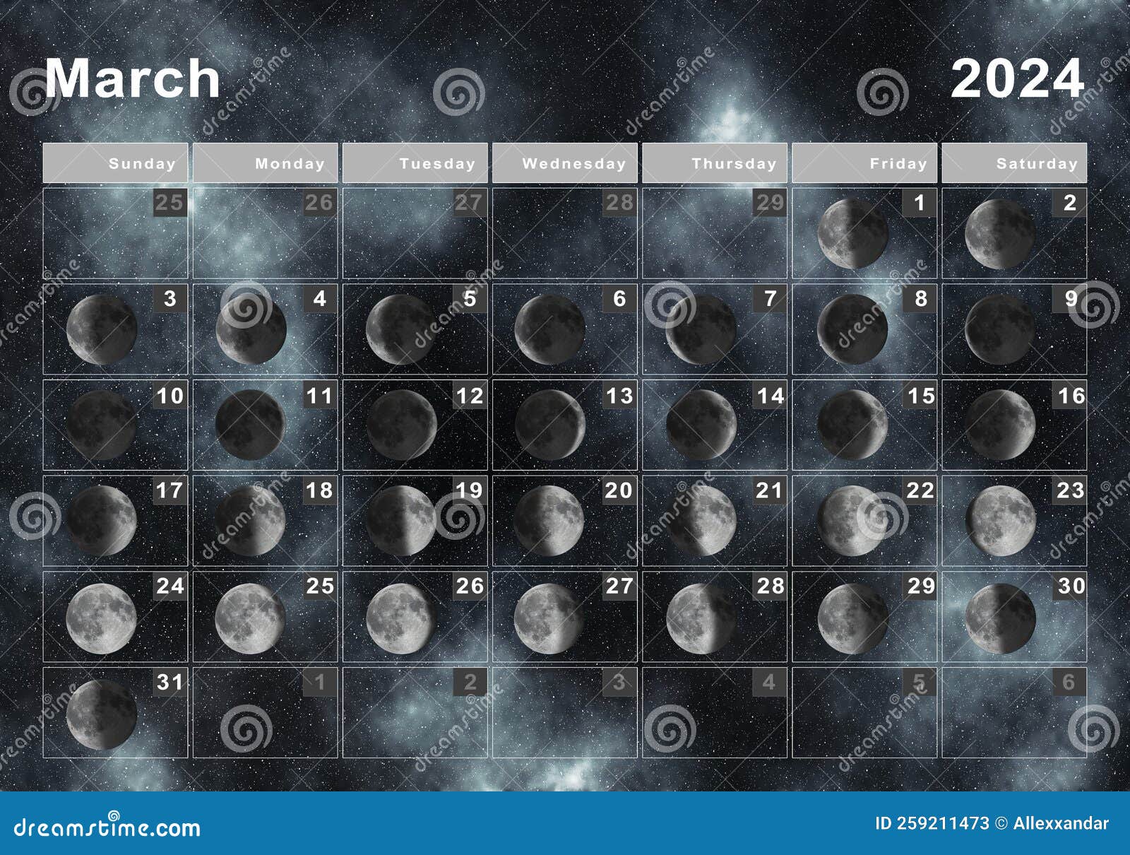 March 2024 Lunar Calendar, Moon Cycles Stock Illustration