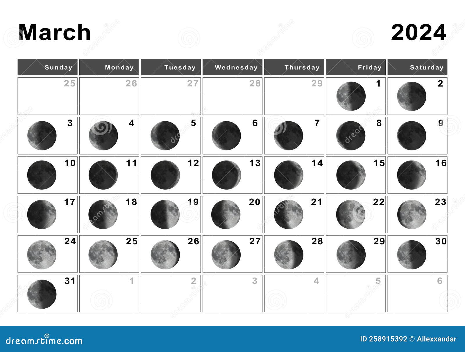 March 2024 Lunar Calendar, Moon Cycles Stock Illustration