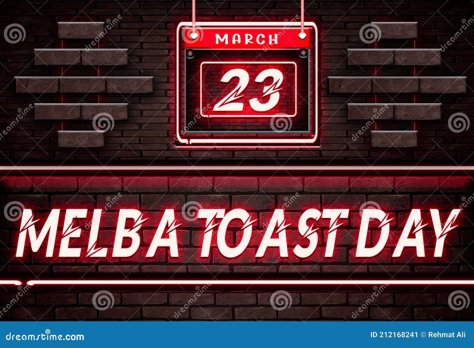 23 March, Melba Toast Day, Neon Text Effect on Bricks Background Stock