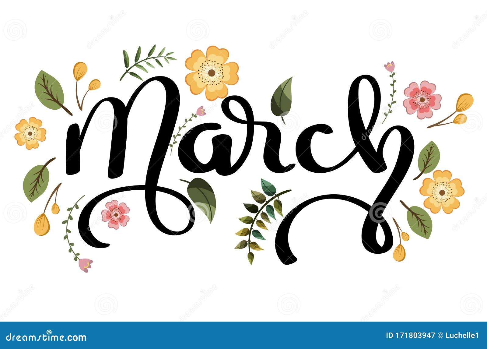 March Month Text Lettering Handwriting With Flowers And Leaves Stock