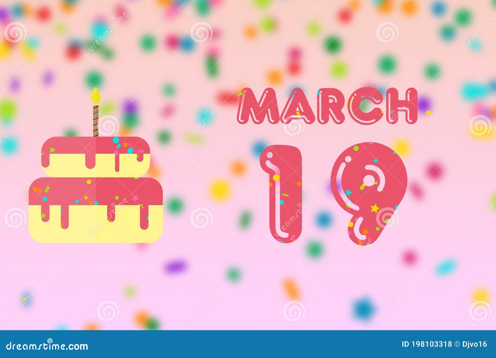 March 19th. Day 19 of Month,Birthday Greeting Card with Date of Birth