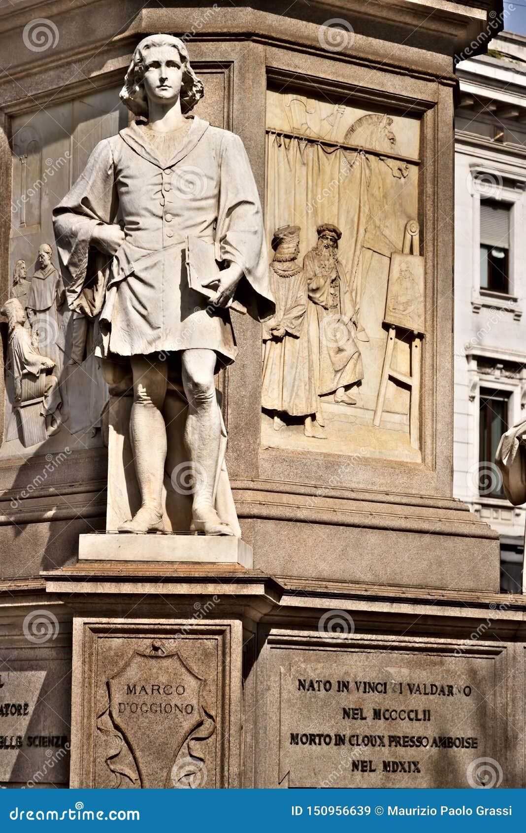 marco d`oggiono assistant to leonardo. statue in piazza della scala in milan