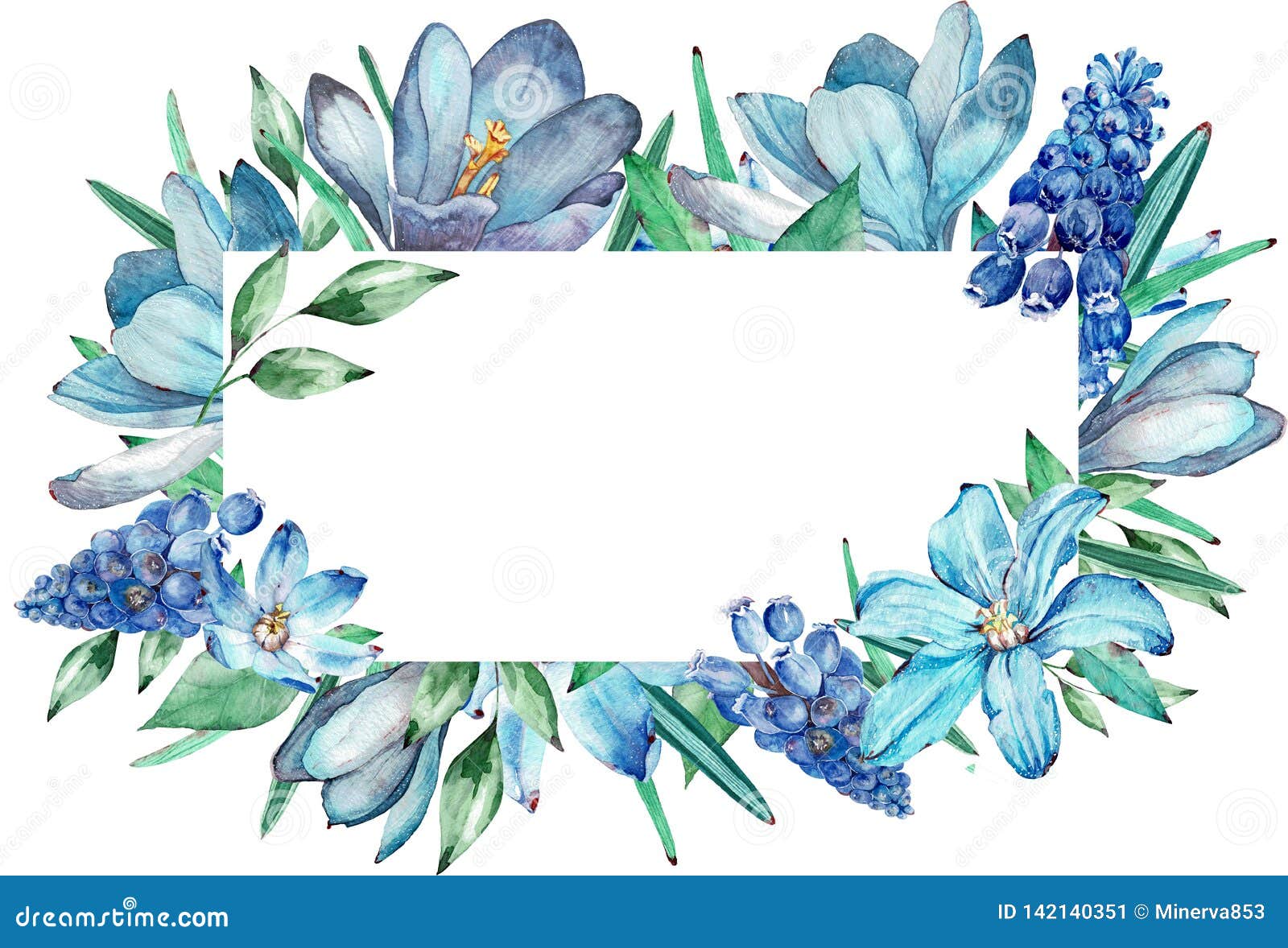 Marco De La Acuarela De Las Flores Azules De La Primavera Imagen de archivo  - Imagen de verde, cuadrado: 142140351