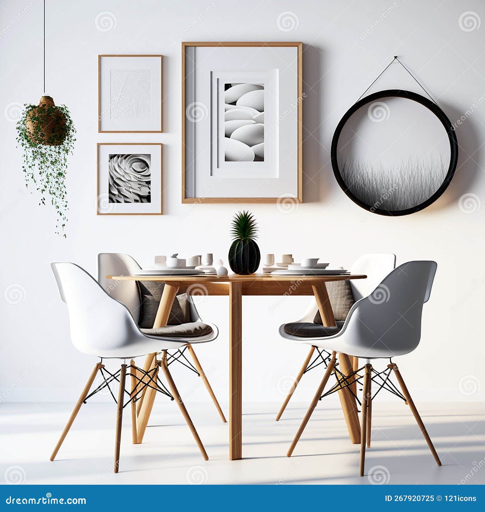 Marco De Póster Comedor Interior Moderno Foto De Estilo Minimalista Con  Marcos De Madera Y Cuadros En La Pared Blanca Creada Con Stock de  ilustración - Ilustración de apartamento, butaca: 267920725