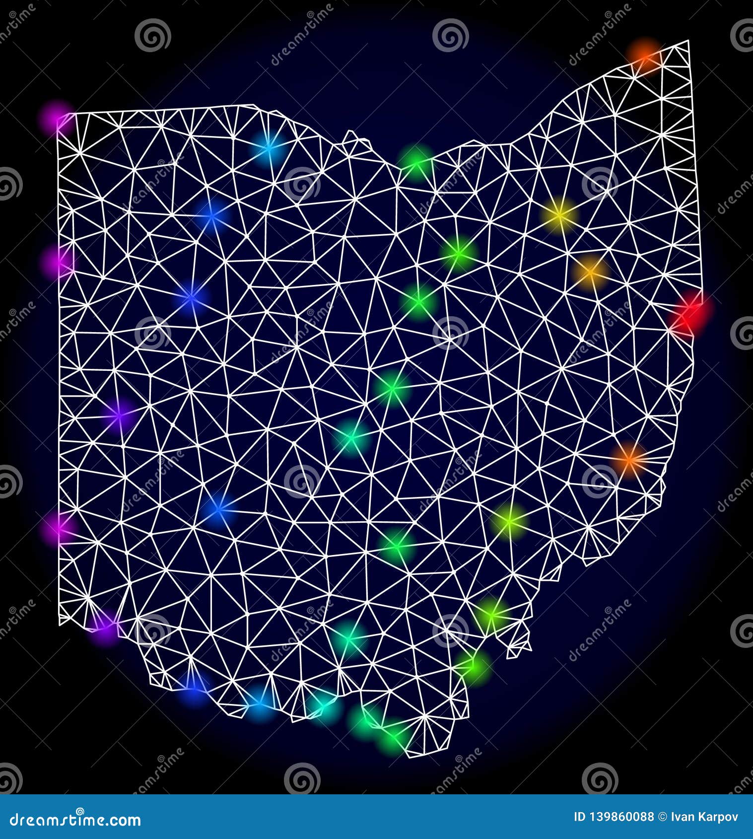 Marco poligonal Mesh Map del alambre del estado de Ohio con los puntos de luz brillantes del espectro. Mapa del vector de la malla del estado de Ohio con efecto del resplandor Los puntos ligeros tienen colores brillantes del espectro Líneas abstractas, triángulos, puntos ligeros y puntos en un fondo oscuro con el mapa del estado de Ohio