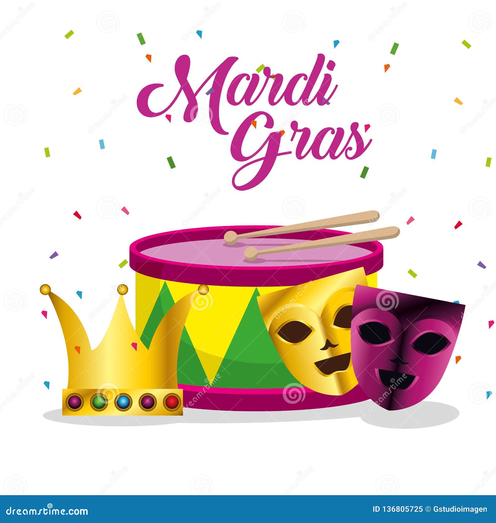 Mardi Gras with Drum and Masks Decoration Stock Vector Illustration