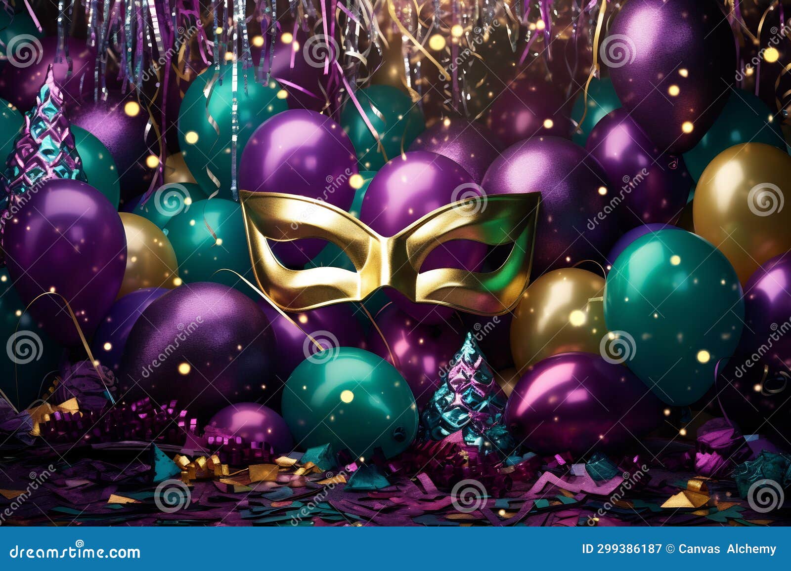 Mardi Gras Mask, Balloons and Sparkles Stock Illustration