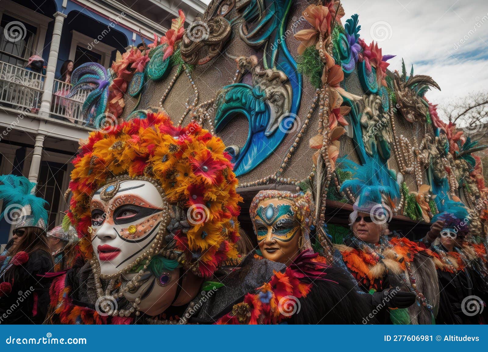 mardi gras parade, with float featuring masked revelers dancing to music