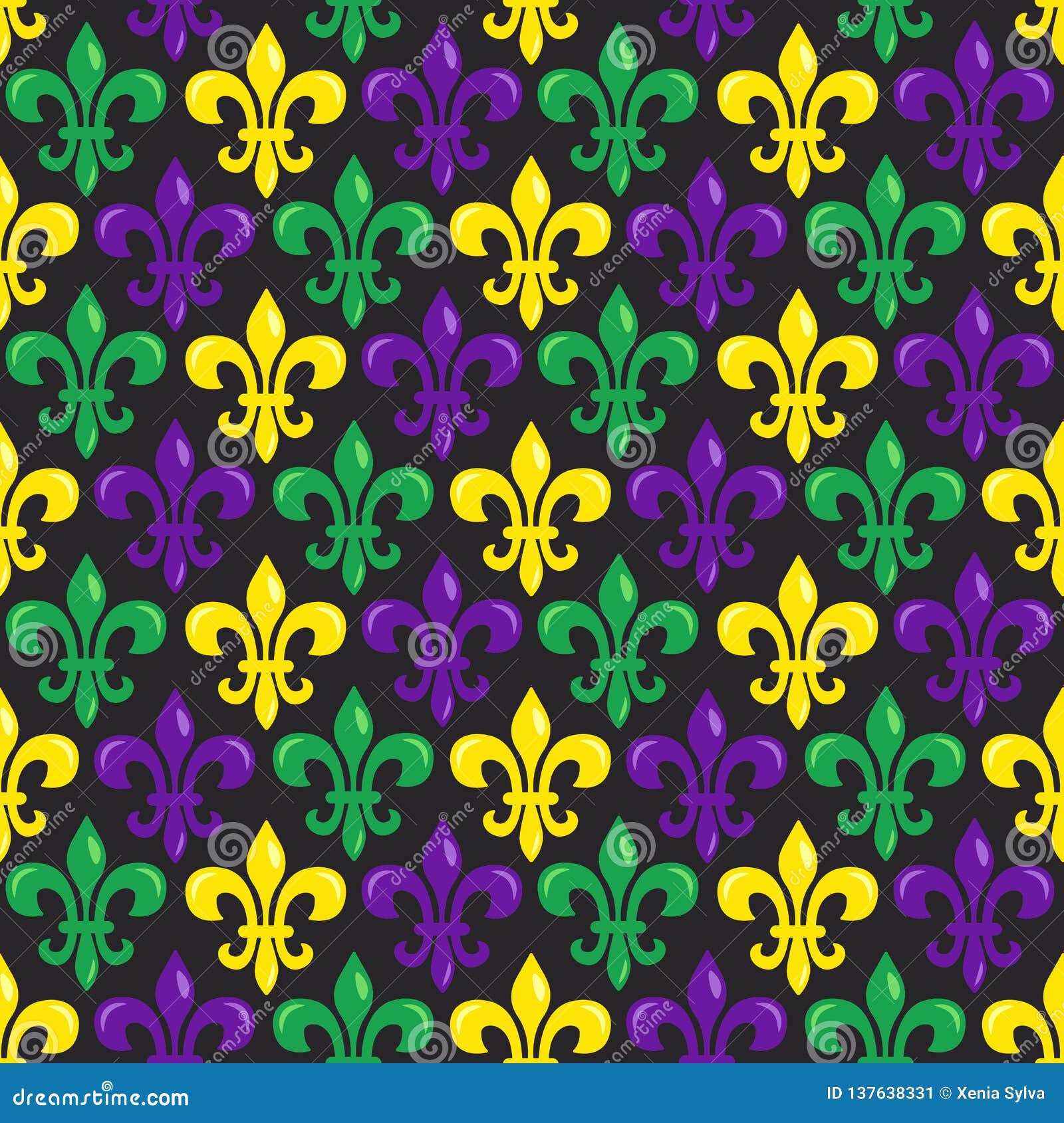 Mardi Gras Vector Seamless Pattern with Colorful Fleurdelis on Black