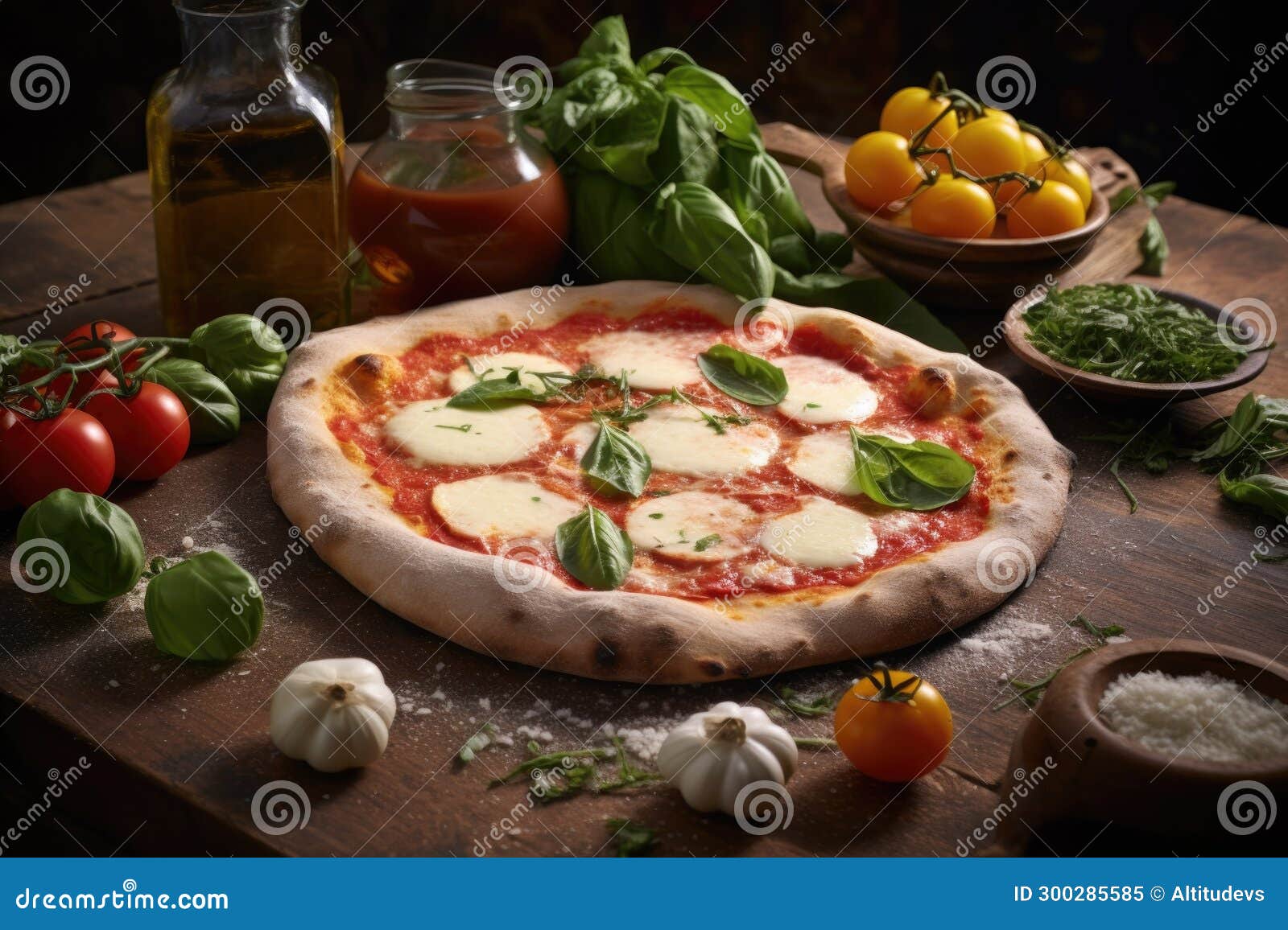 A Margherita Pizza on a Rustic Stone Surface, Surrounded by Raw