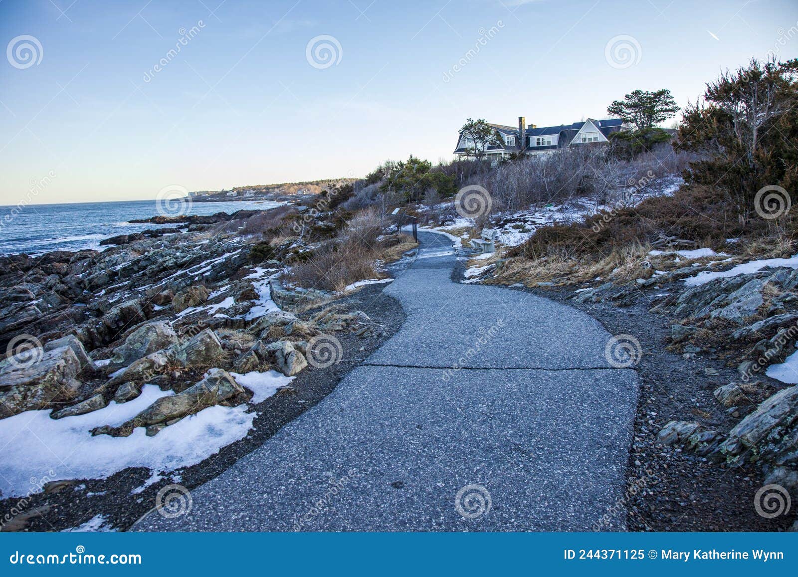 Marginal Way Path at Sunset in Ogunquit Maine during Winter Stock Image
