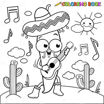 Mariachi Chili Pepper Playing the Guitar. Vector Black and White ...