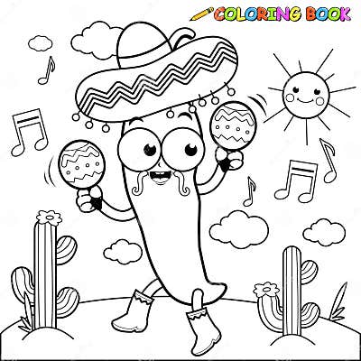 Mariachi Chili Pepper with Maracas. Vector Black and White Coloring ...