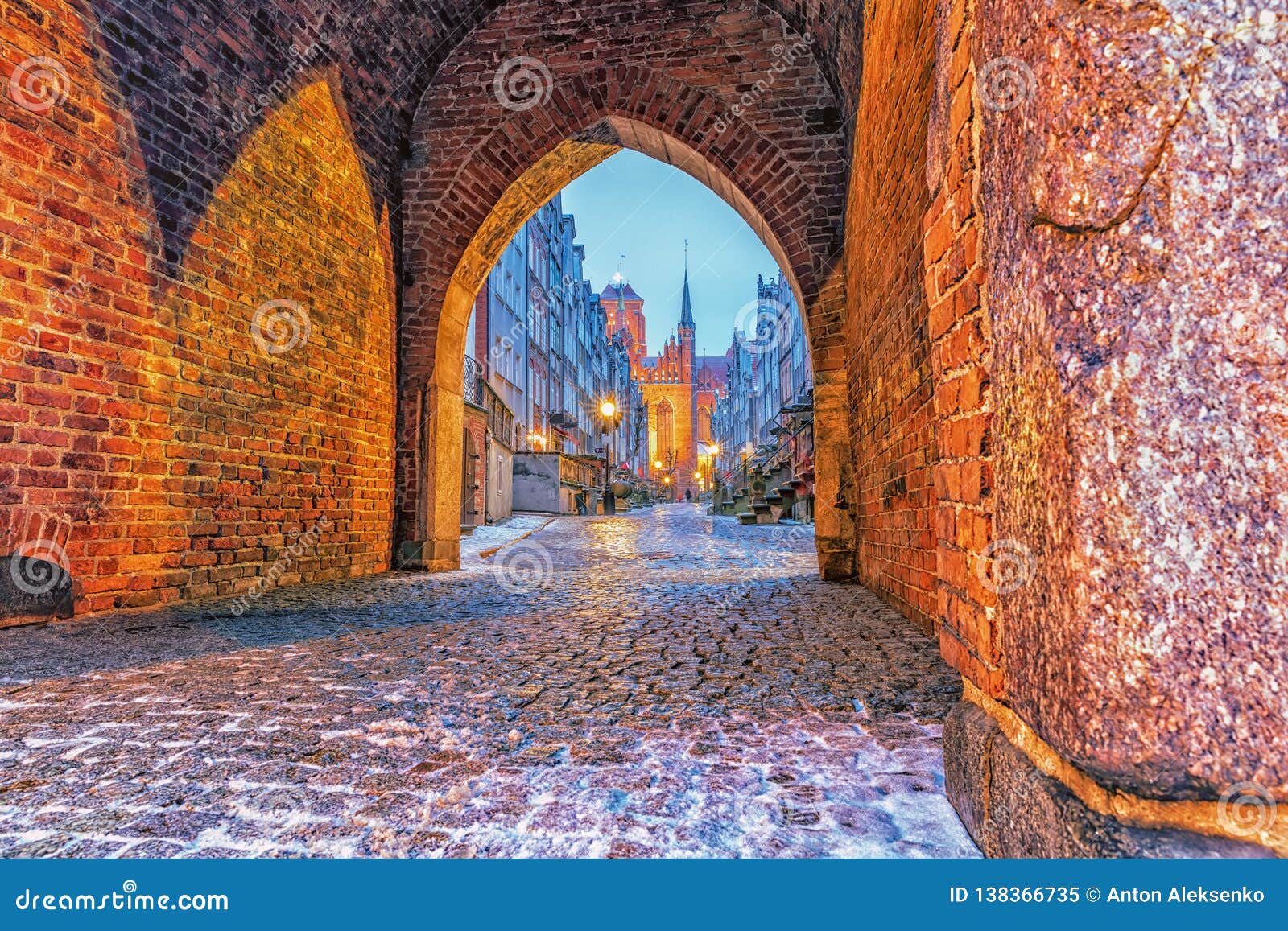 mariacka gate and the street in gdansk, old town, poland