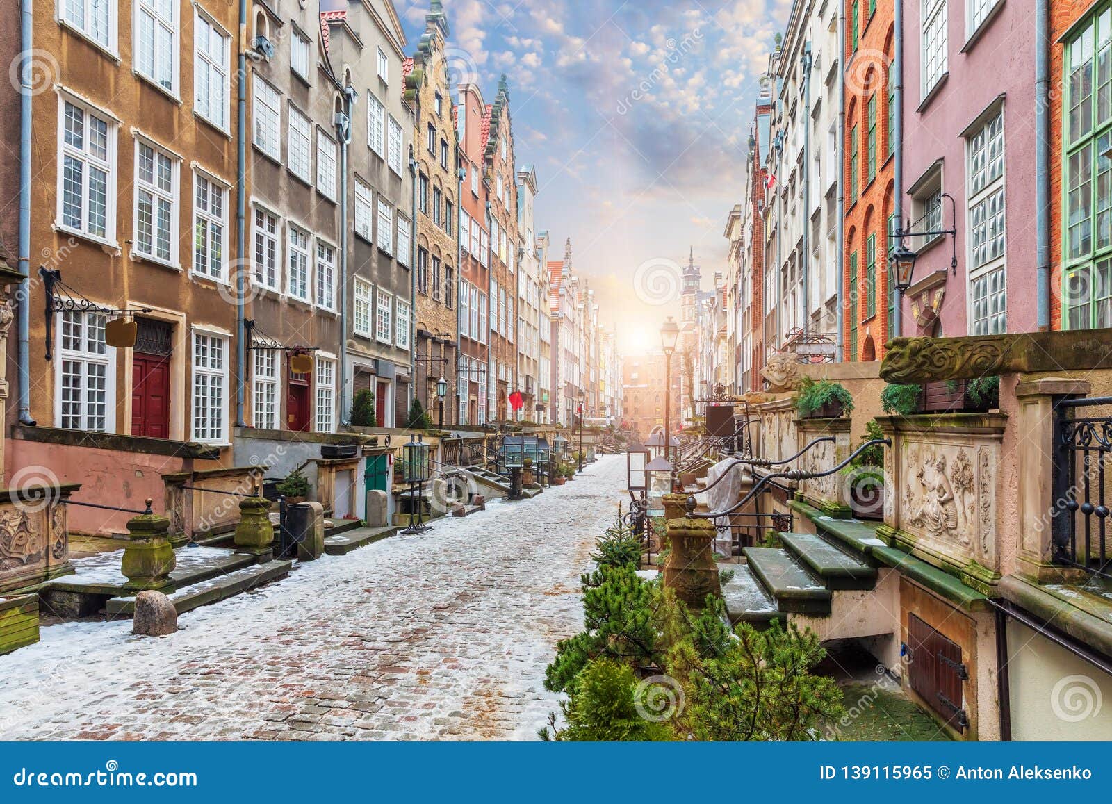 mariacka street, a famous street in gdansk, poland, sunrise view