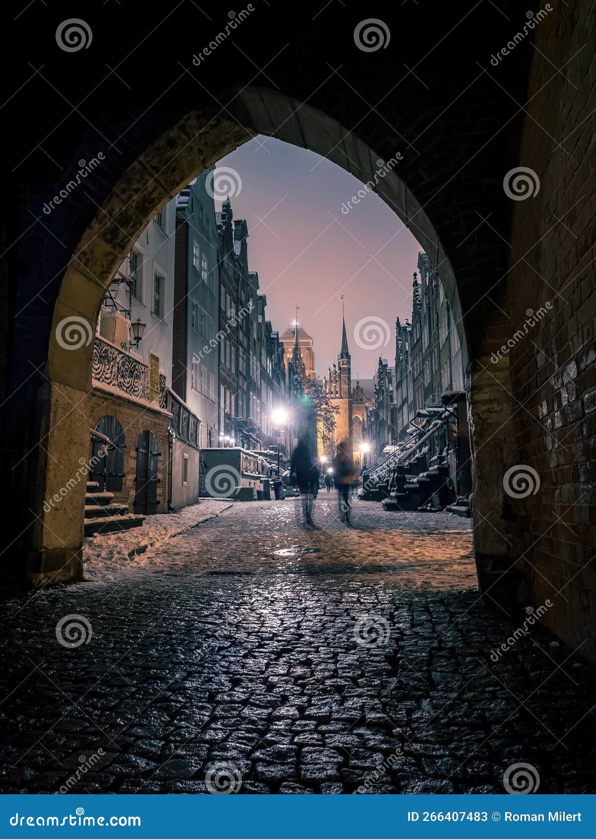 mariacka street at night, winter time, danzig, poland