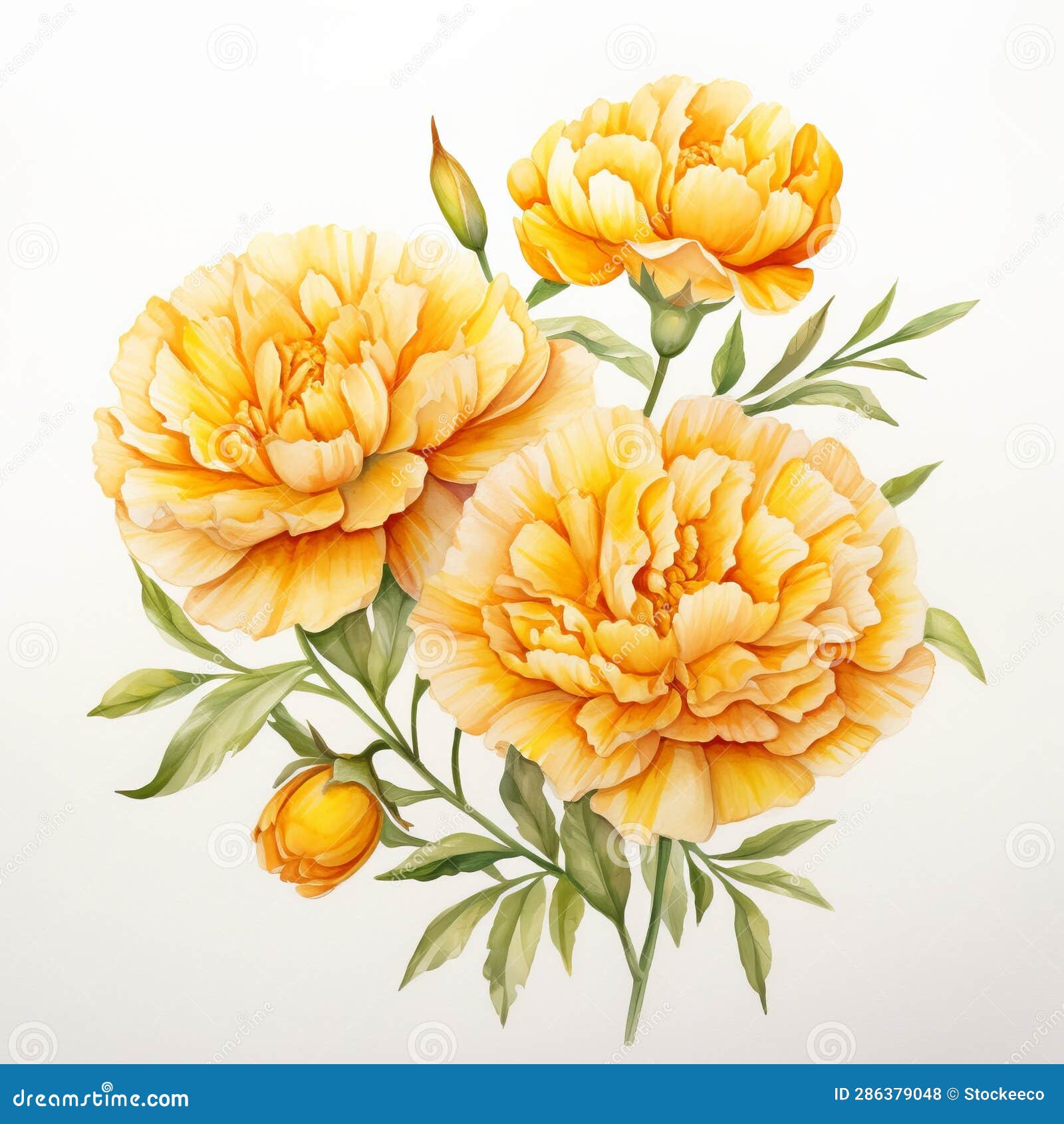 marigold watercolor painting: white love flowers on white background