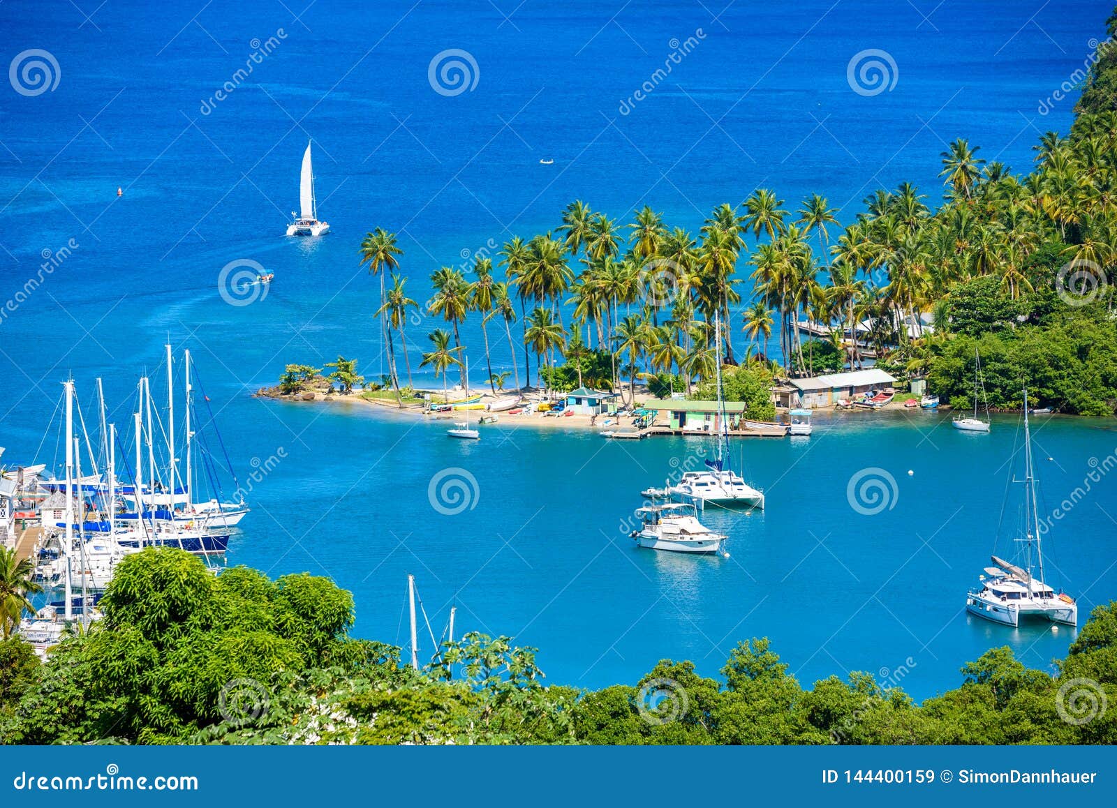 marigot bay, saint lucia, caribbean. tropical bay and beach in exotic and paradise landscape scenery. marigot bay is located on