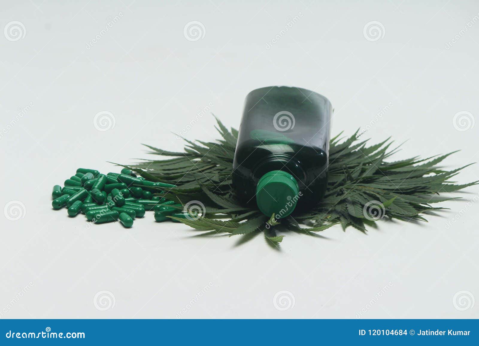 Marijuana Leaves, Syrup Bottle and Vitamin Capsule Stock Photo - Image ...