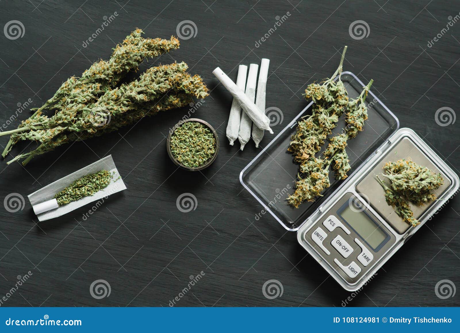 Marijuana, Scales, Jambs and a Cannabis Grinder Weed on a Black Wooden  Table Top Top View Stock Image - Image of weed, growth: 108124981