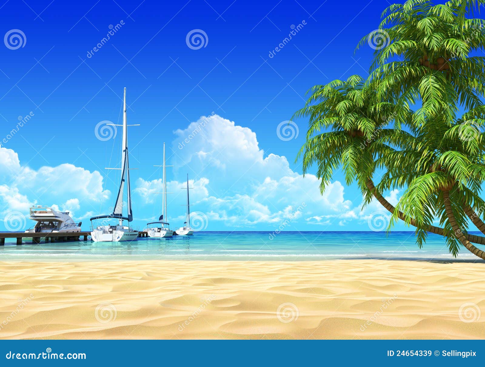 marina pier and palms on idyllic tropical beach