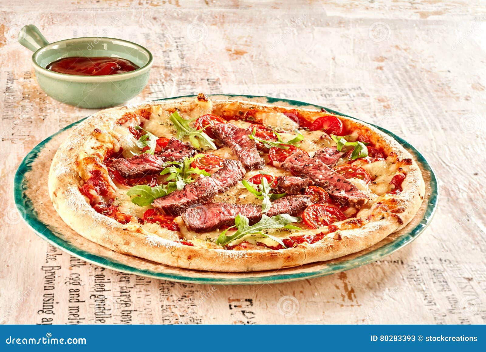 Marinated Beef Slices on Freshly Baked Pizza Stock Image Image of