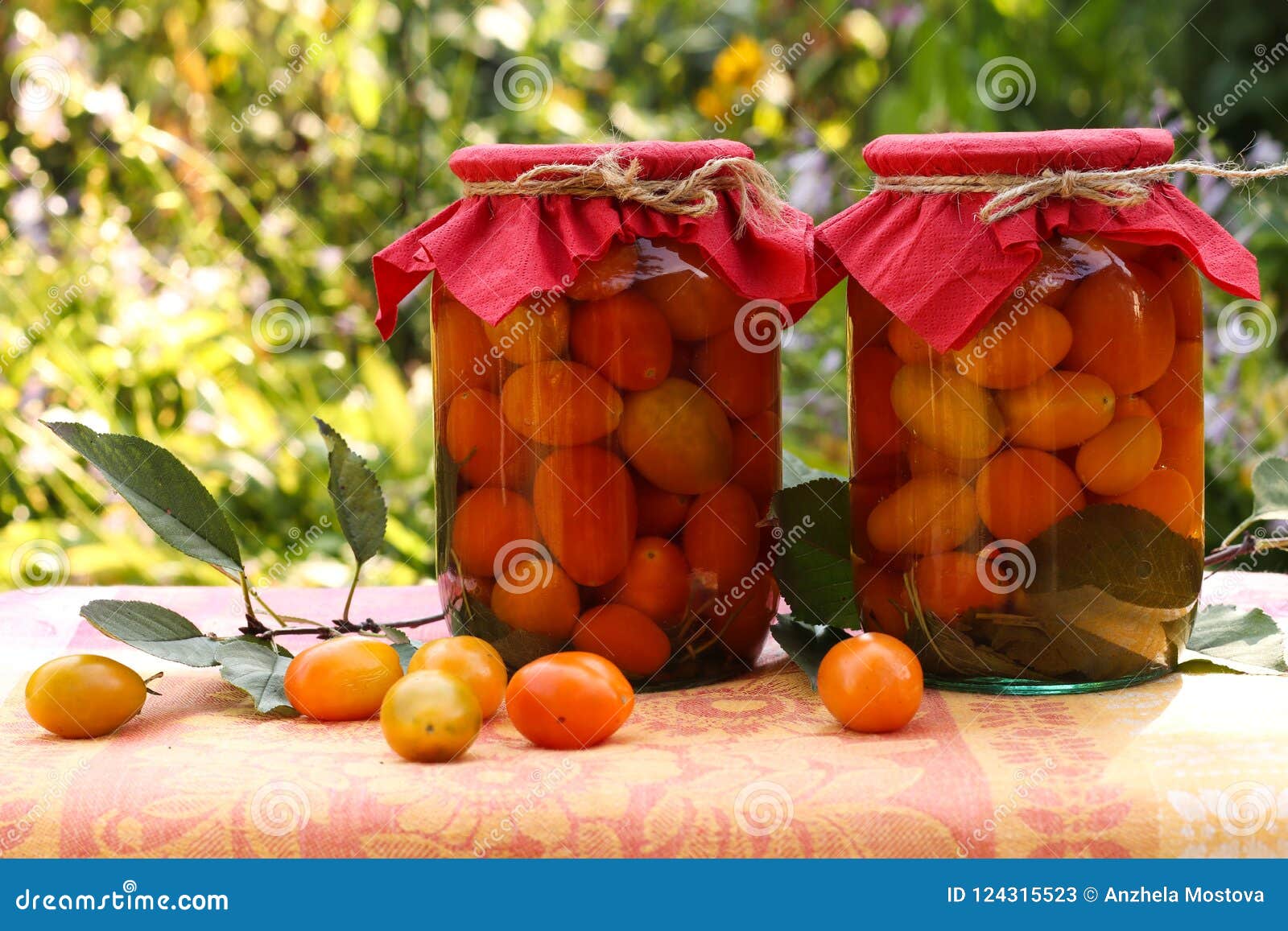 Marinated Cherry Tomatoes in Jars on a Table in the Garden. Stock Image