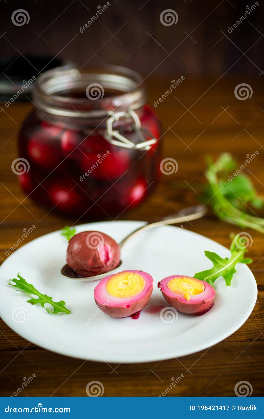 Marinated Chicken Eggs in Beetroot Marinade in a Plate Stock Image