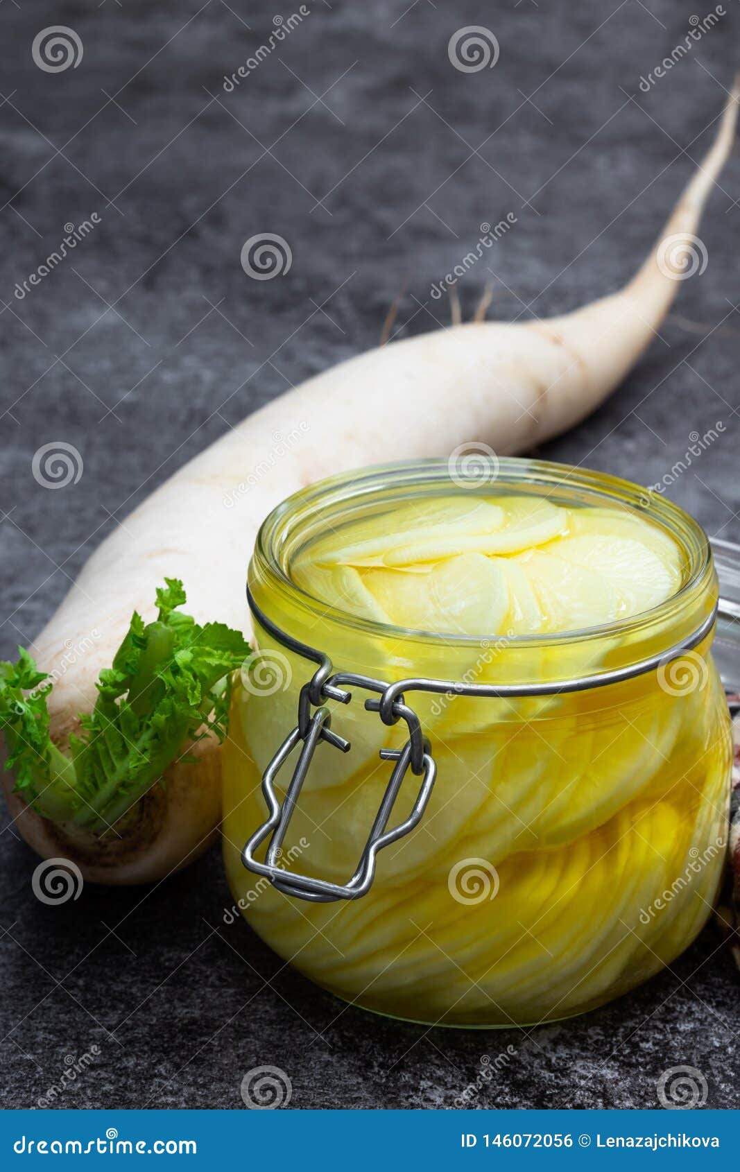 Marinated Daikon in the Glass Jar on the Table Stock Photo Image of