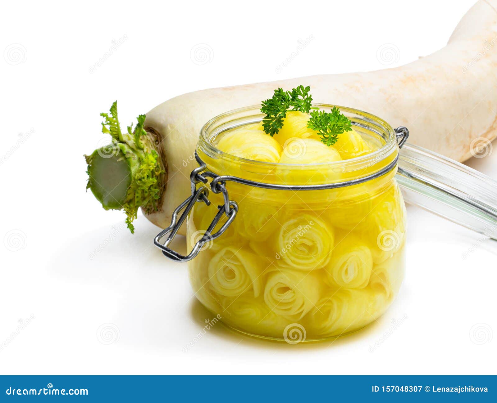 Marinated Daikon on White Background in the Glass Jar Stock Image