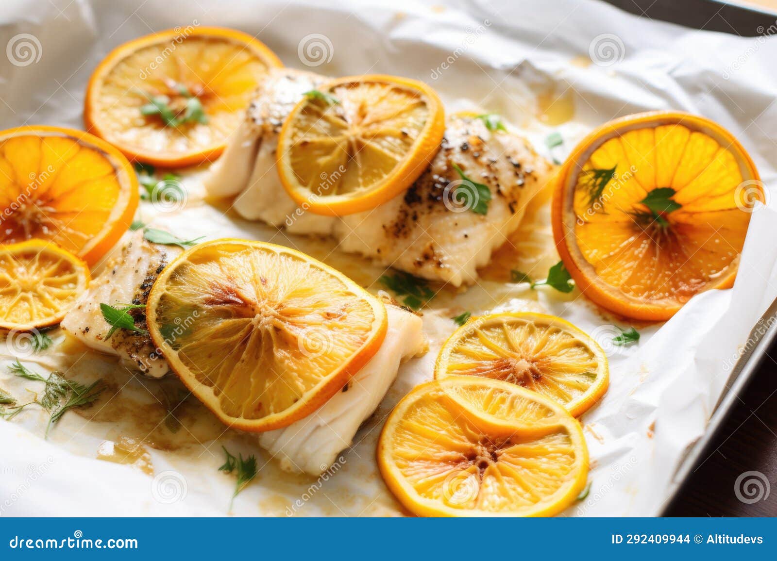 Marinated Fish Fillets on Parchment Paper with Citrus Stock Photo