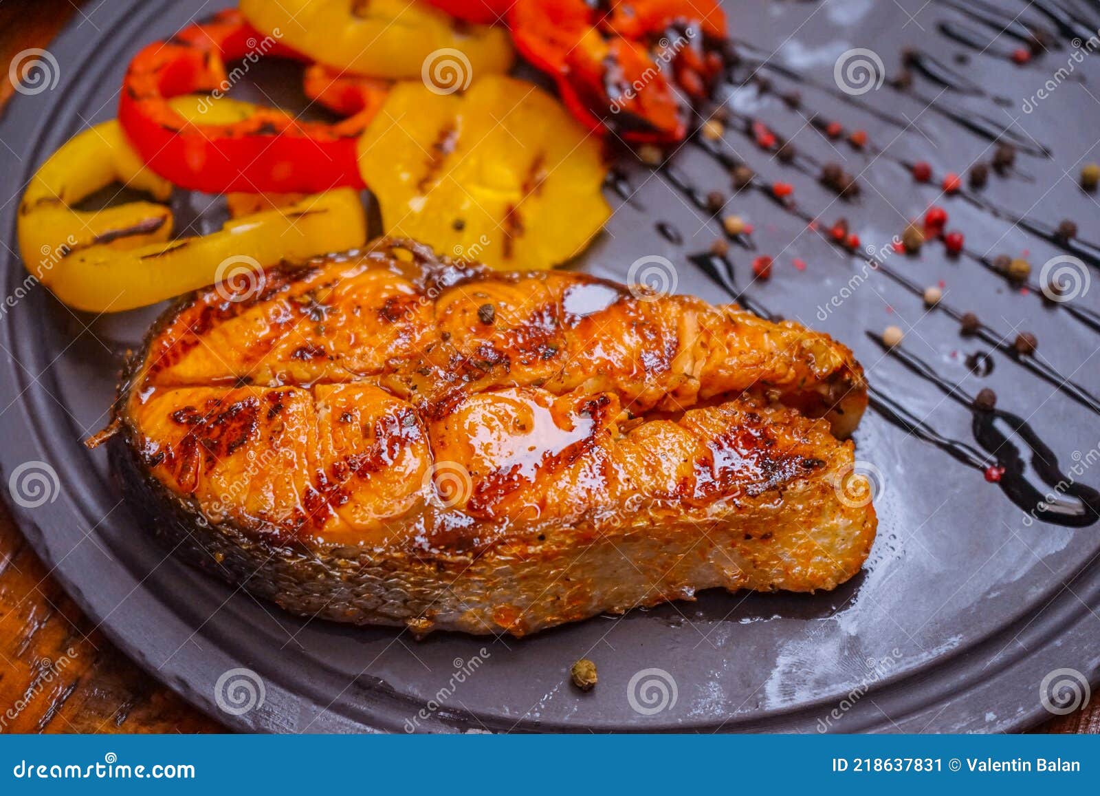 Grilled salmon food. stock image. Image of black, lunch 218637831