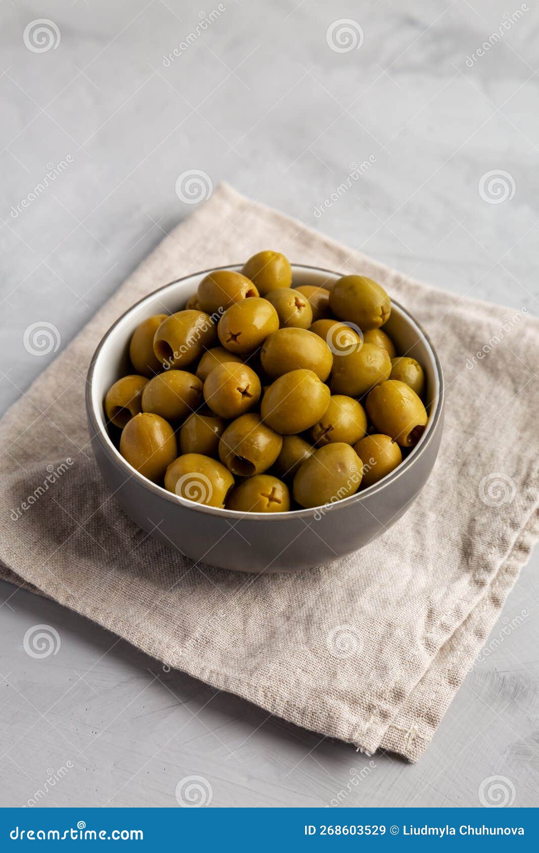 Marinated Green Pitted Olives in a Bowl, Side View Stock Image Image