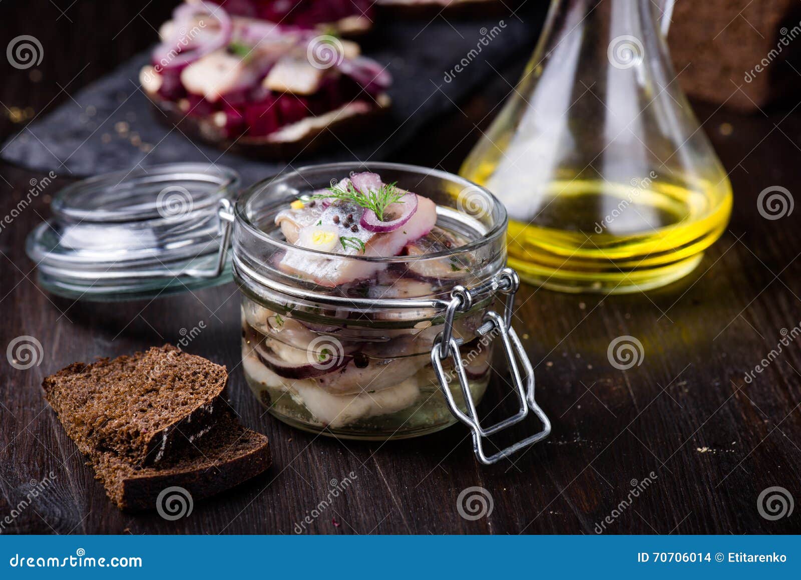 Marinated Herring in a Jar with Herbs and Onion Stock Photo Image of