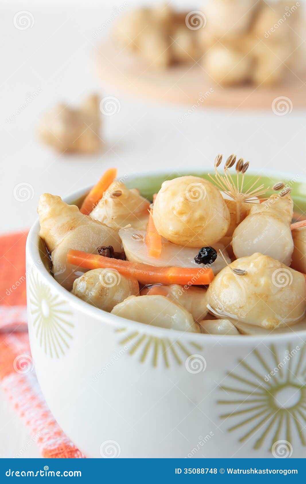 Marinated Jerusalem Artichokes Stock Photo Image of brown, napkin