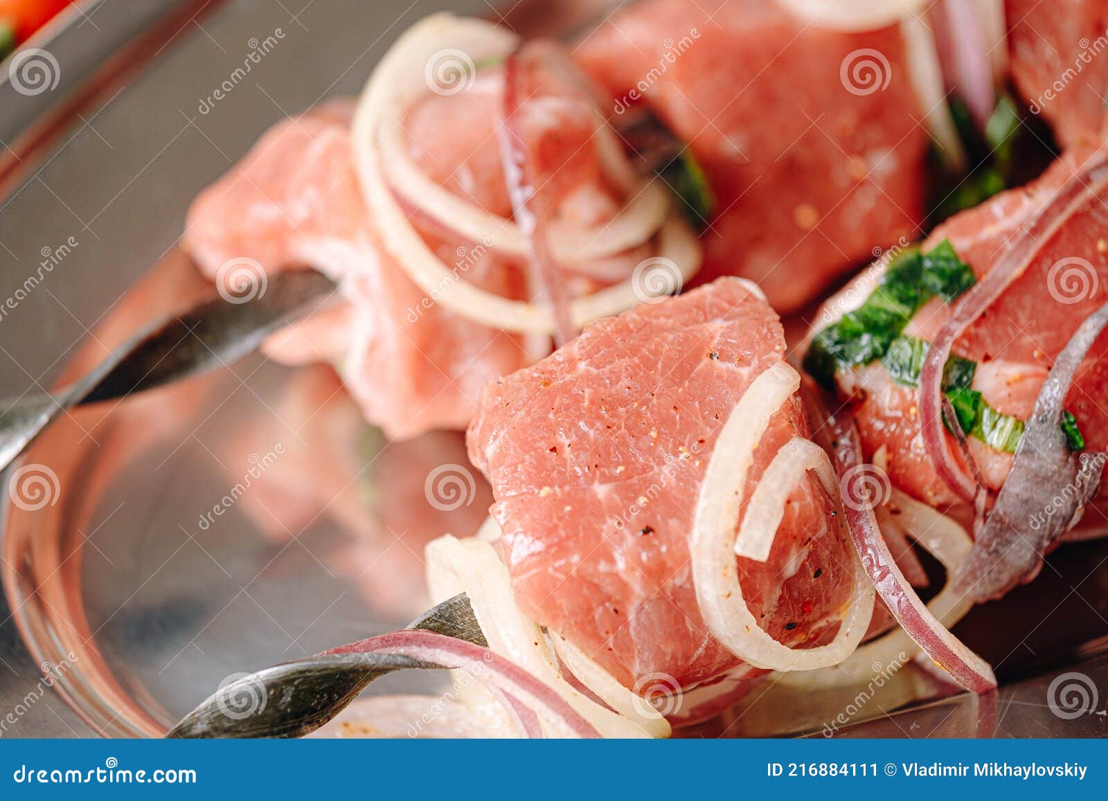 Marinated Meat for Barbecue. Meat Skewered and Ready To Grill Stock
