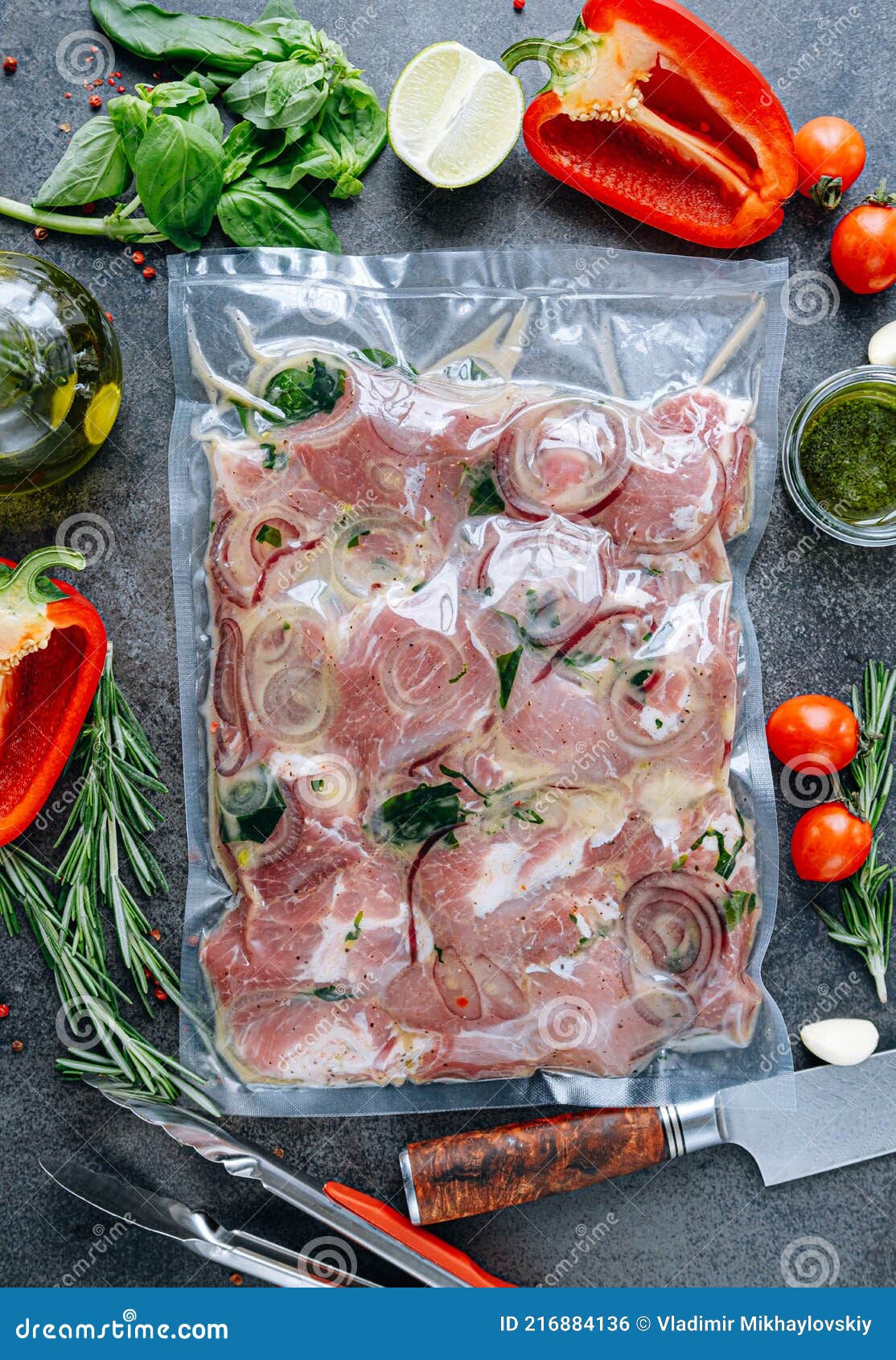 Marinated Meat for Barbecue in Vacuum Packing with Marinade Stock Photo