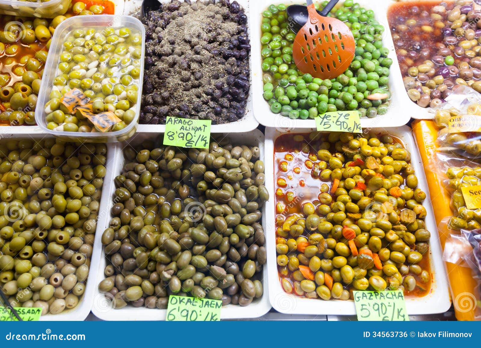 Marinated Olives in Cans at Market Stock Photo Image of marinated, olives 34563736