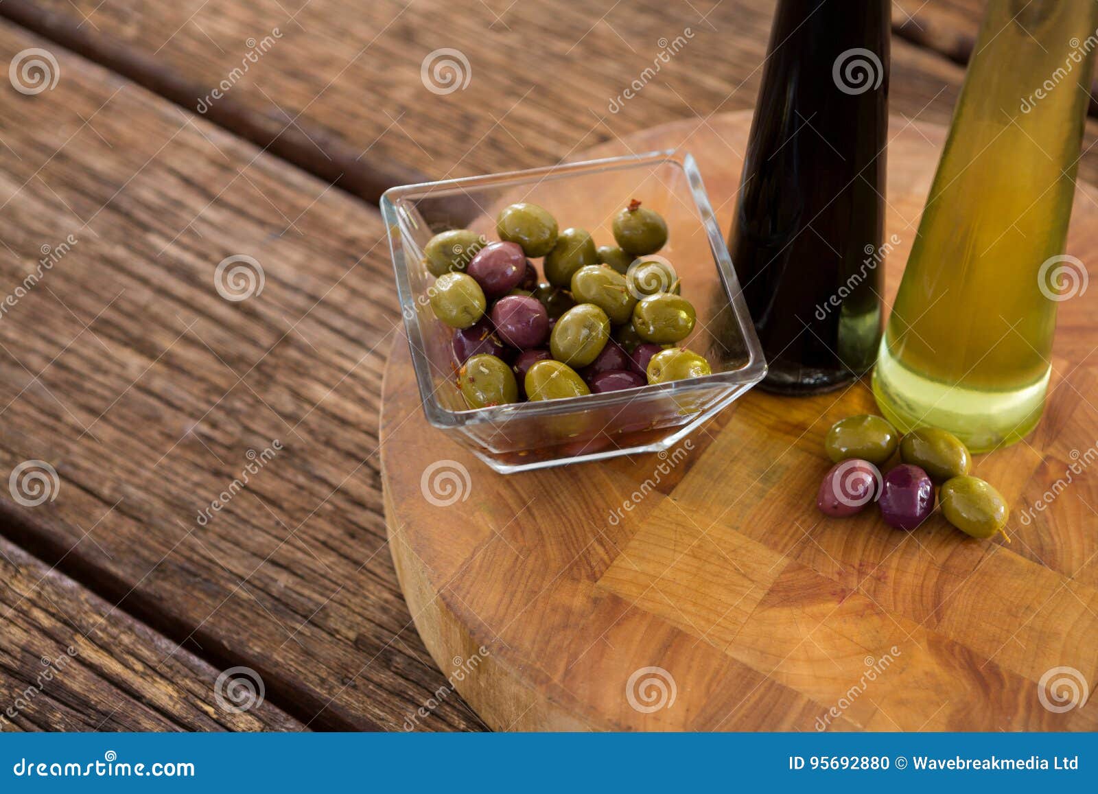 Marinated Olives with Olive Oil and Balsamic Vinegar Bottles on Table Stock Photo Image of