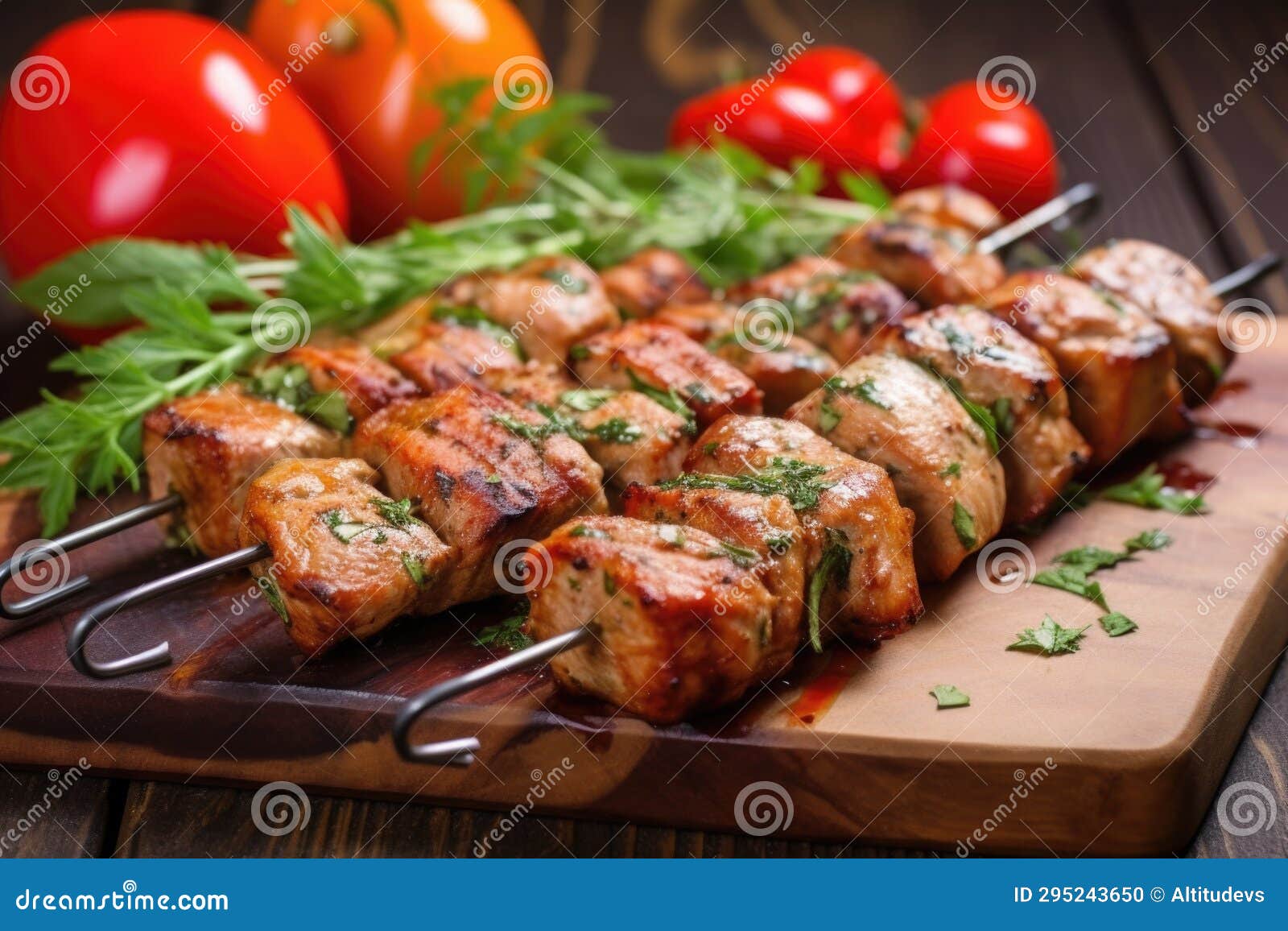 Marinated Pork Kebabs on Board with Herbs Around Stock Photo Image of