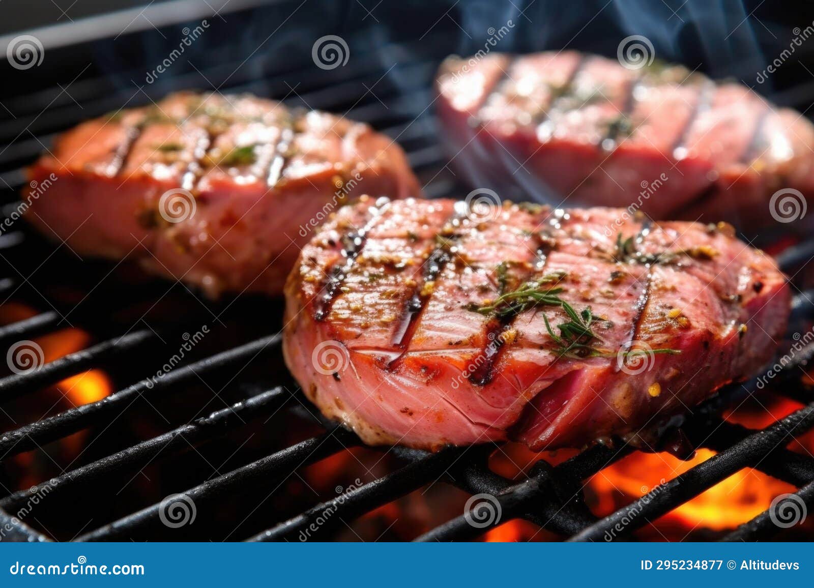 Marinated Tuna Steak on a Stainless Steel Grill Stock Image Image of