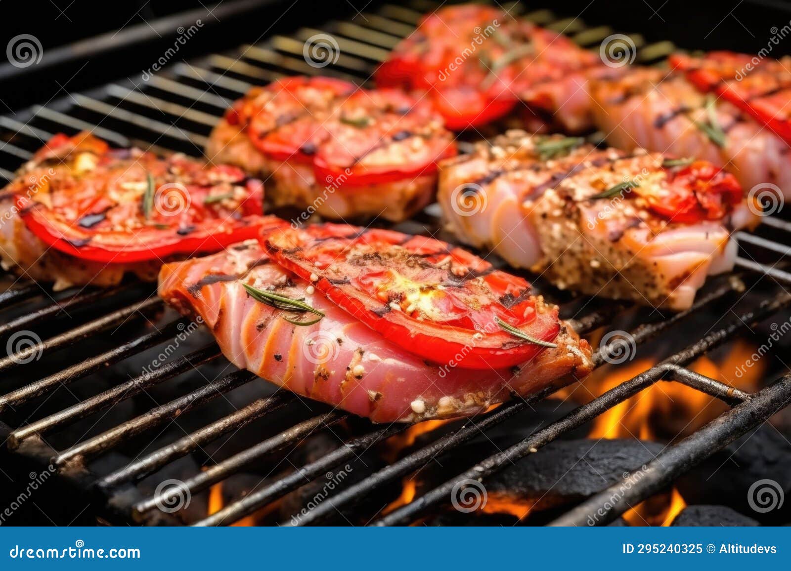 Marinated Tuna Steak on a Stainless Steel Grill Stock Image Image of