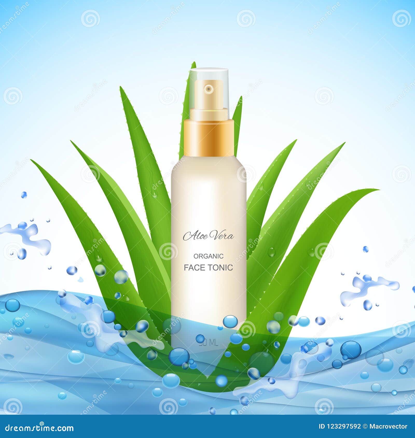 Marine Aloe Tonic Background. Le fond de Vera d'aloès avec des vagues d'eau laisse tomber les feuilles réalistes de l'illustration tonique de vecteur d'usine et de paquet de visage organique