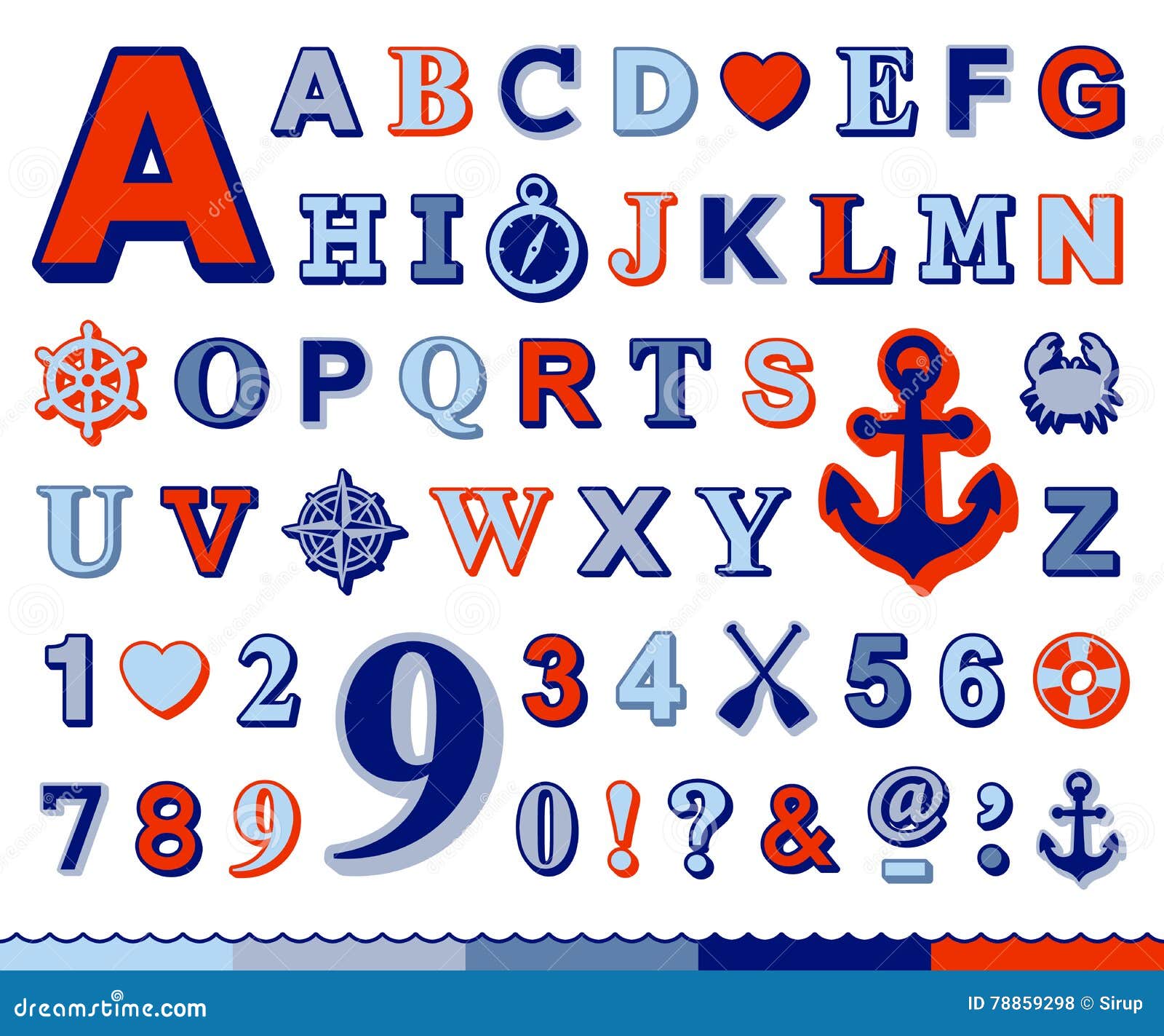 Marine Alphabet And Number Set With Nautical Icons Stock Vector