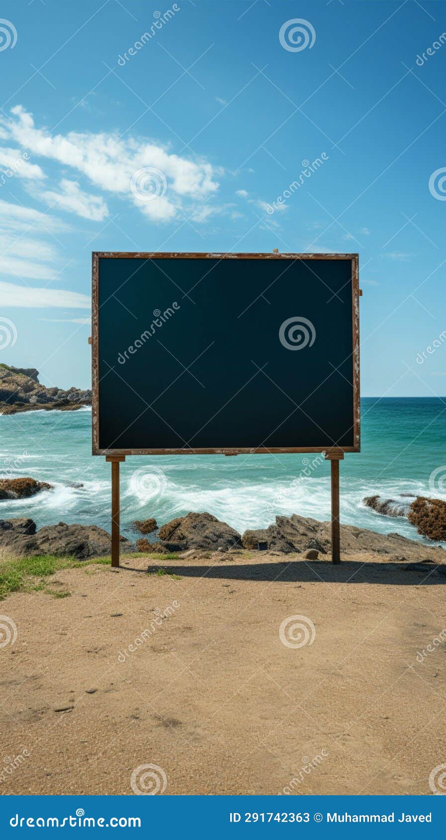 Marine Billboard Canvas Empty Frame Set on Beach with Ocean Panorama