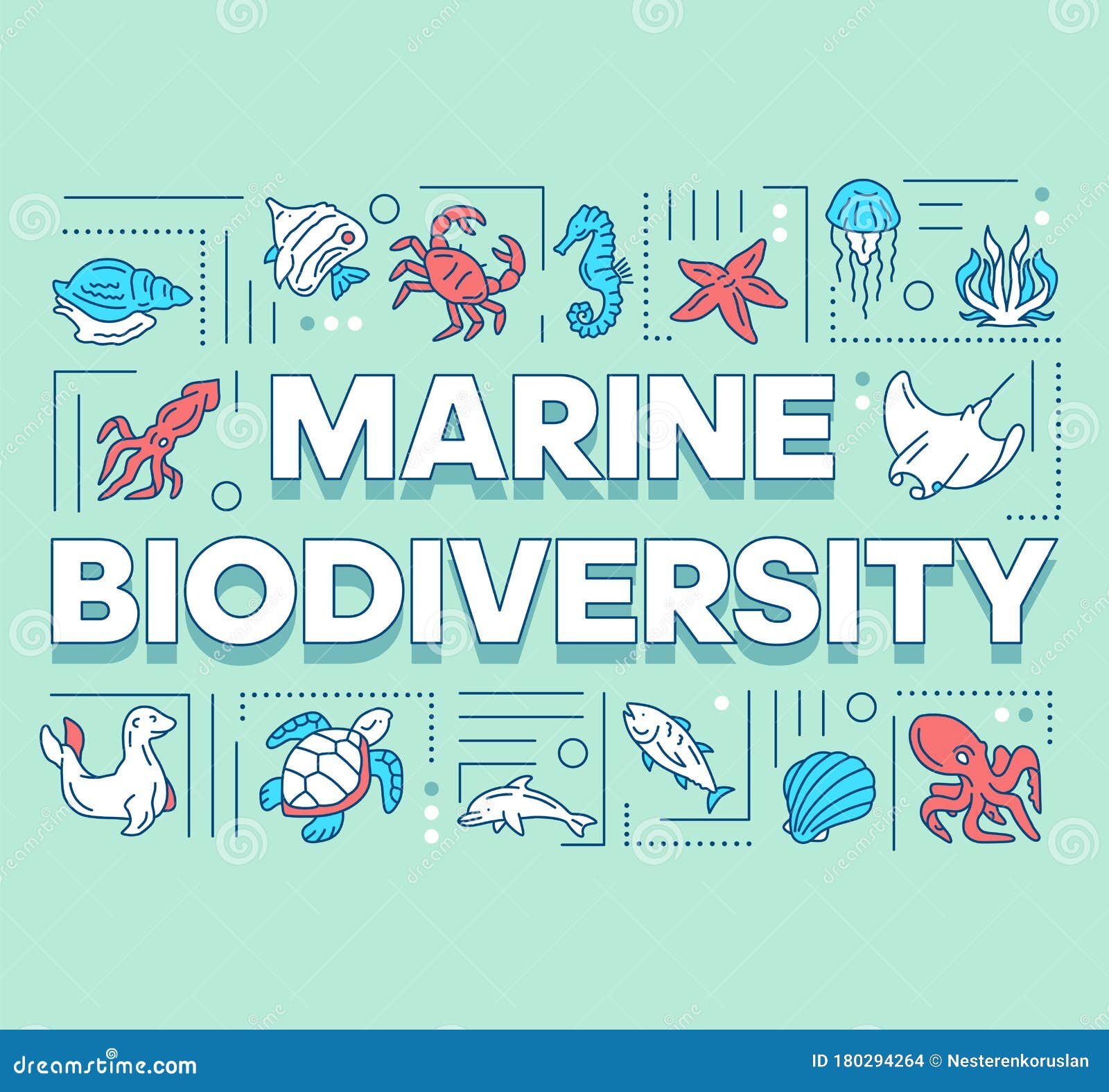 Marine Biodiversity Word Concepts Banner. Ocean Animals Diversity.  Underwater Wildlife. Presentation, Website Stock Vector - Illustration of  line, concept: 180294264