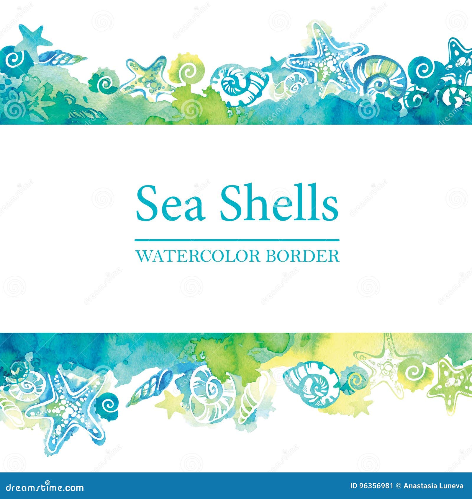 marine border with watercolor sea shells. sea life frame. summer travel background.
