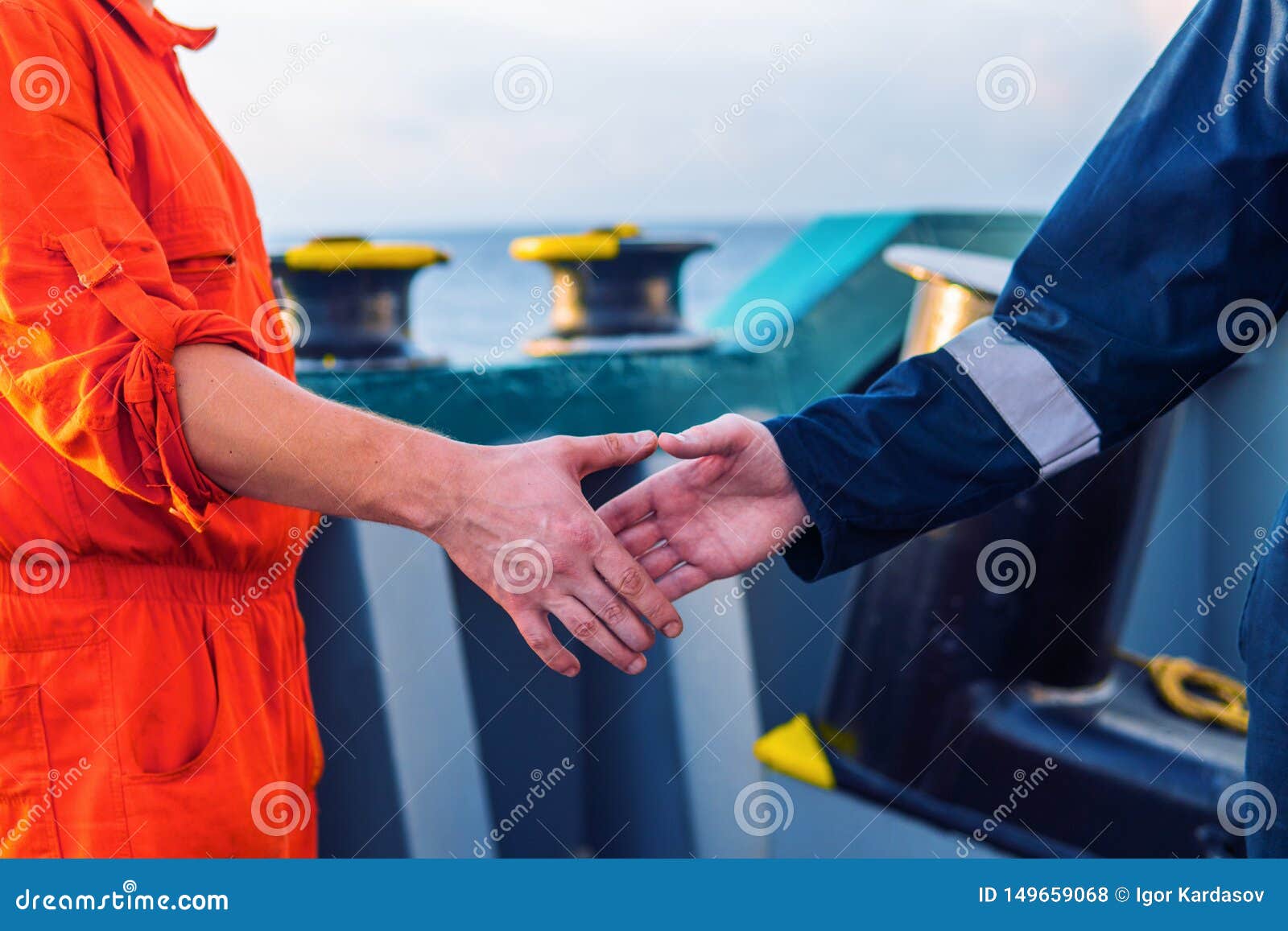 Marine Contractor Businessman Handshaking with Worker on the Ship