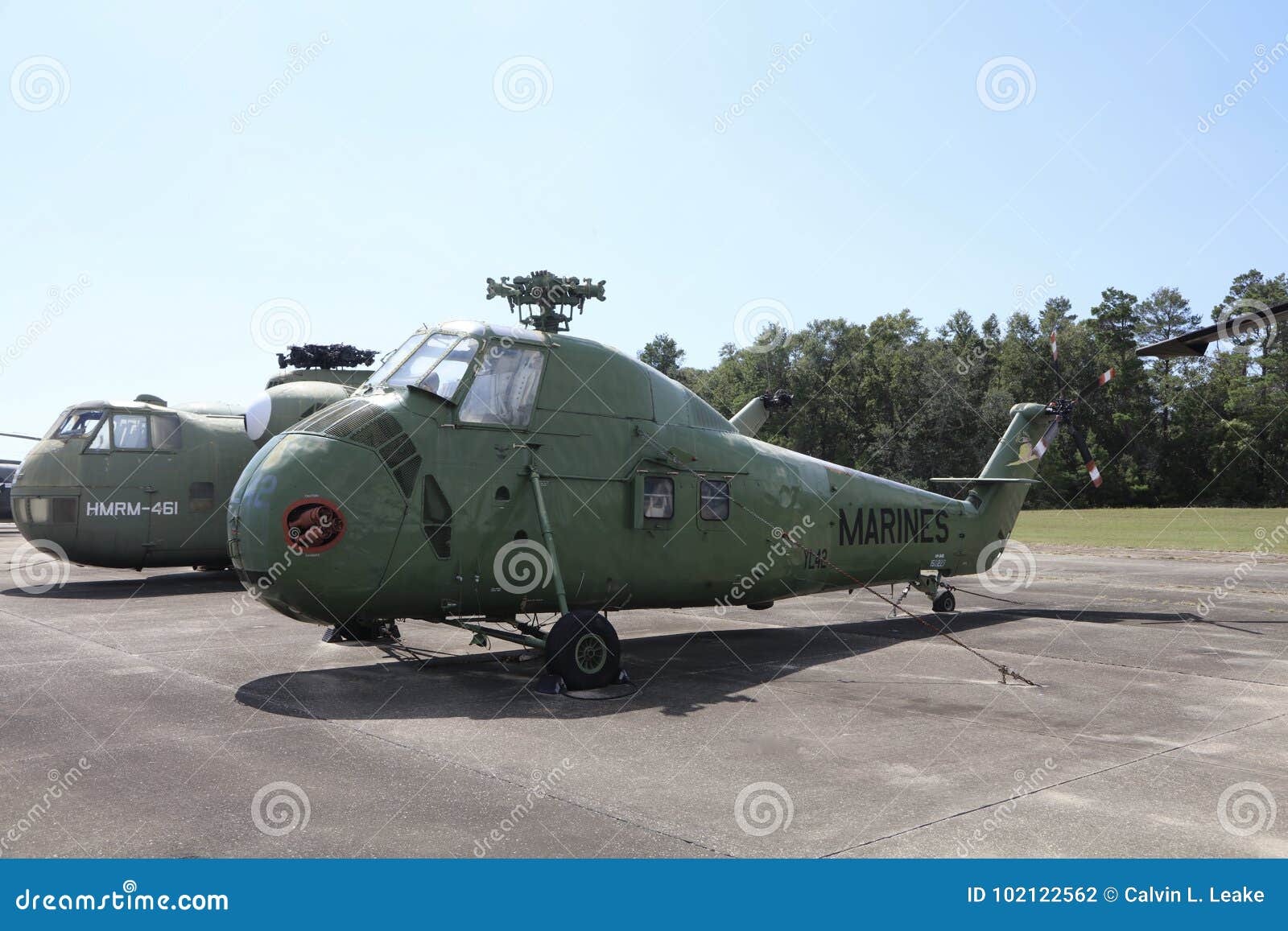 Marine Corps Helicopter Green. United States of America Department of the Navy Marine Corps Helicopter on display outside a museum.